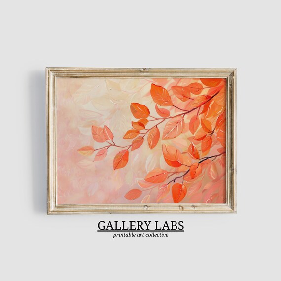 Orange Autumn Leaves Branch Soft Pink Background Fall Wall Art Print