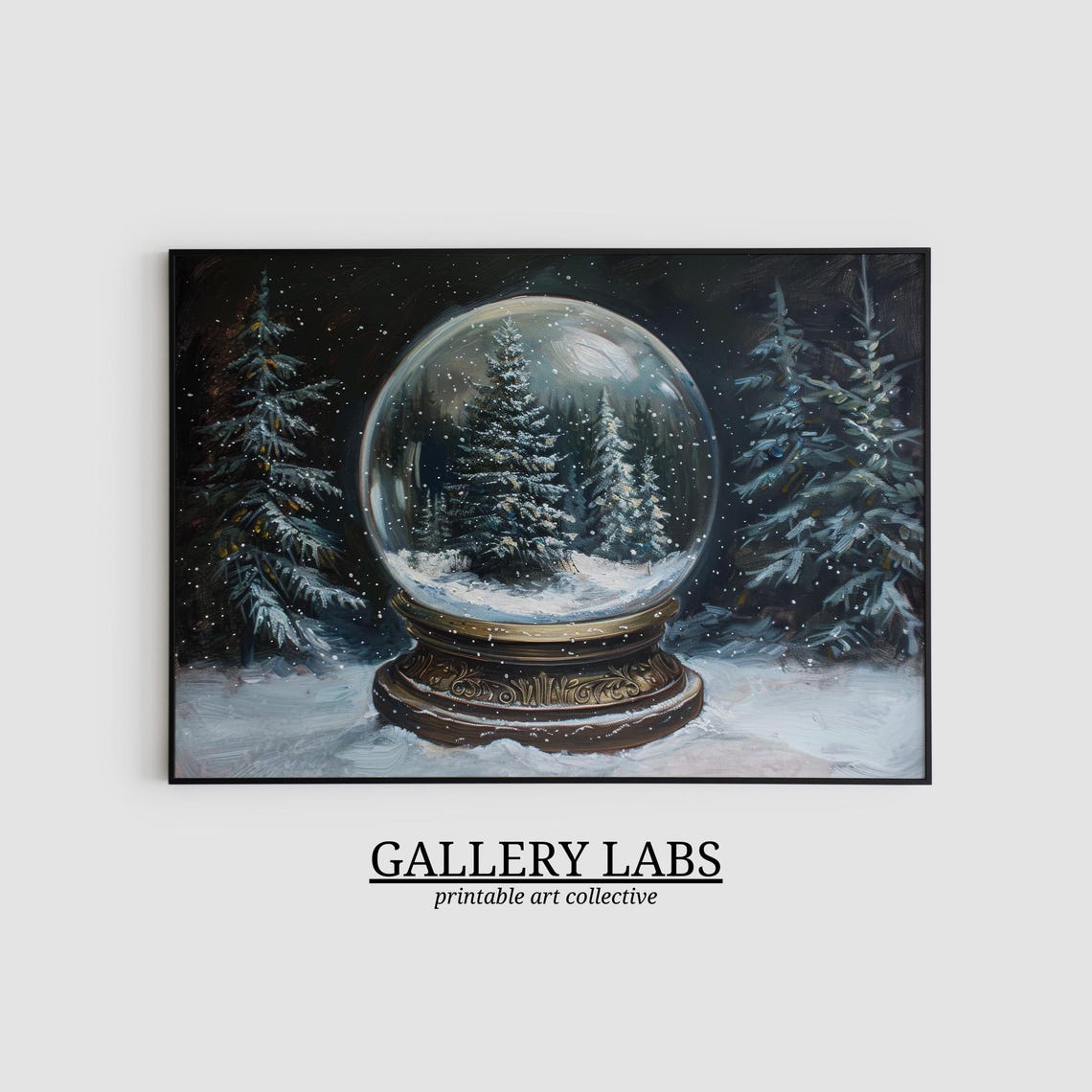 Snow Globe Pine Forest Vintage Brass Base Snowy Winter Painting Poster - Image 2