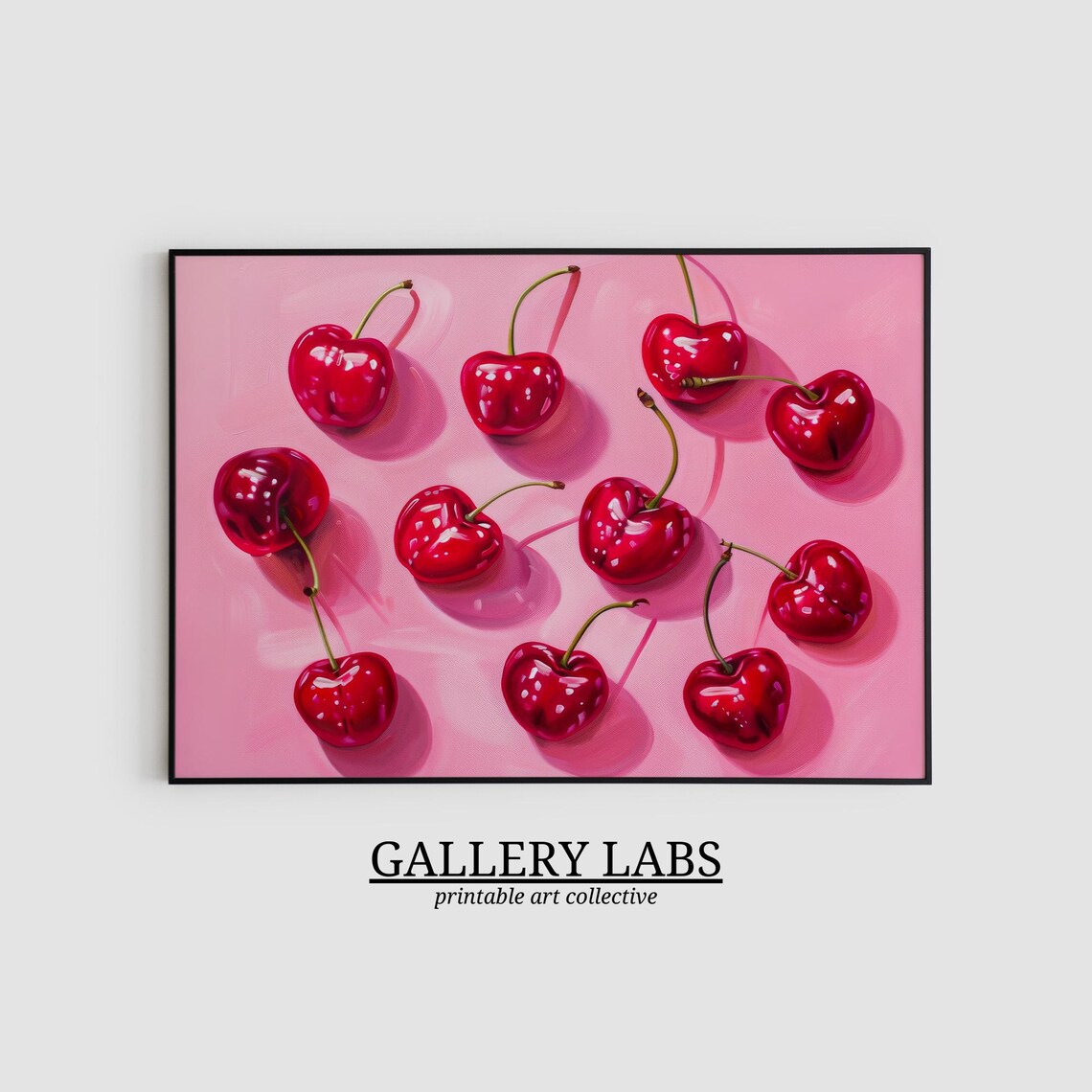 Glossy Red Cherries Scattered Pink Background Fruit Painting Wall Poster - Image 2