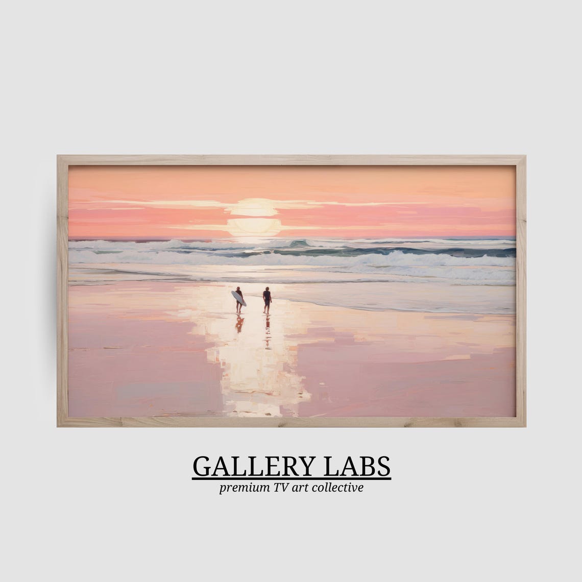 Pink Sunset Surfers Beach Painting Retro Coastal Surf Wall Art Poster - Image 2