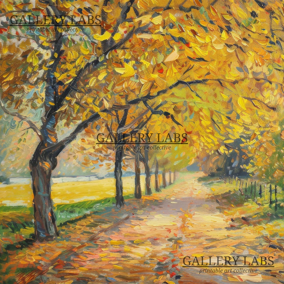 Soft Tone Autumn Trees Cloudy Sky Calm Fall Landscape Art Print - Image 4