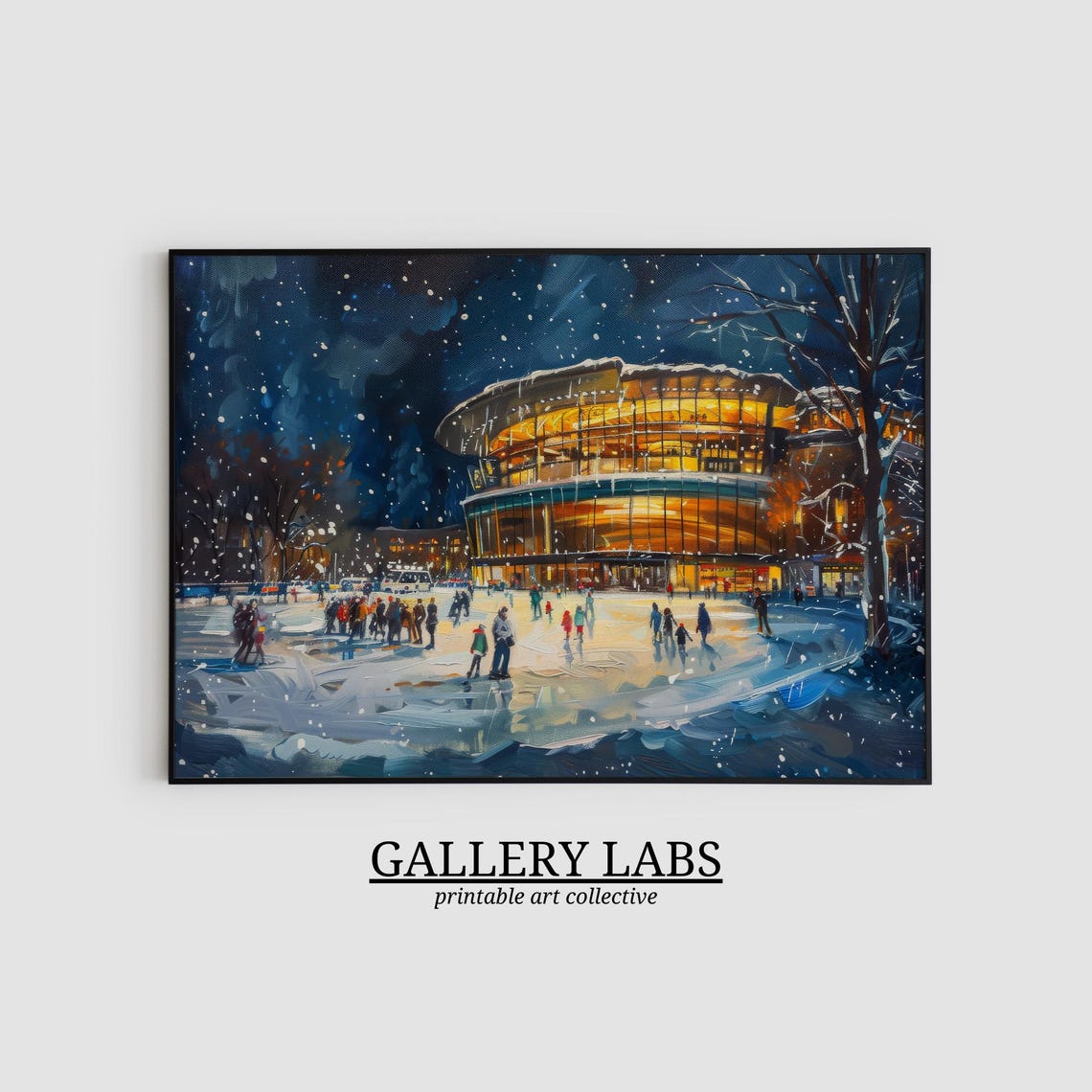 Night Ice Skating Rink Glowing City Lights Snowy Winter Scene Poster - Image 2