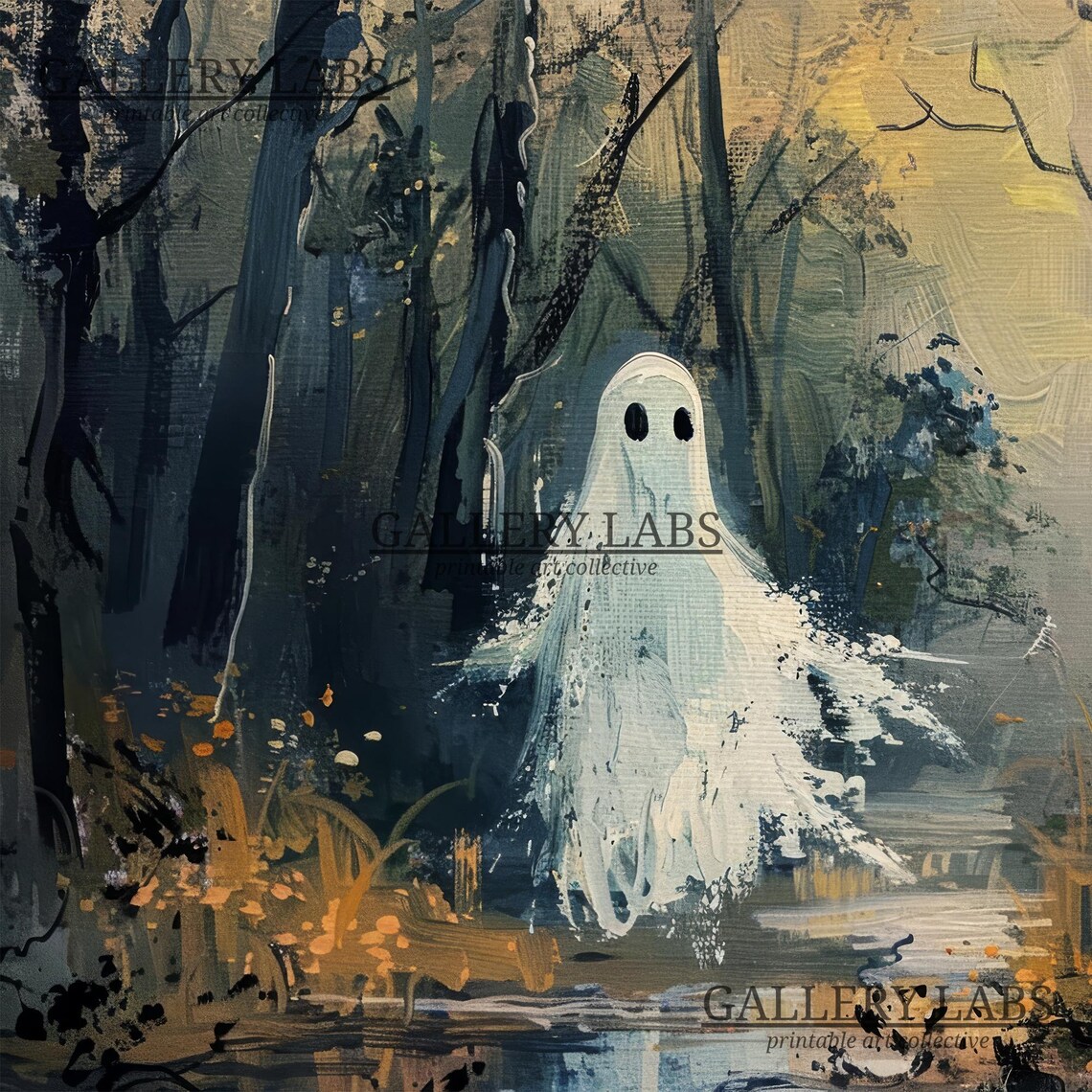 Lone Ghost Drifting in Dark Misty Forest Spooky Halloween Wall Art Print - Image 4