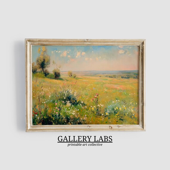 Golden Spring Meadow Wildflowers Pastel Sky Country Art Print