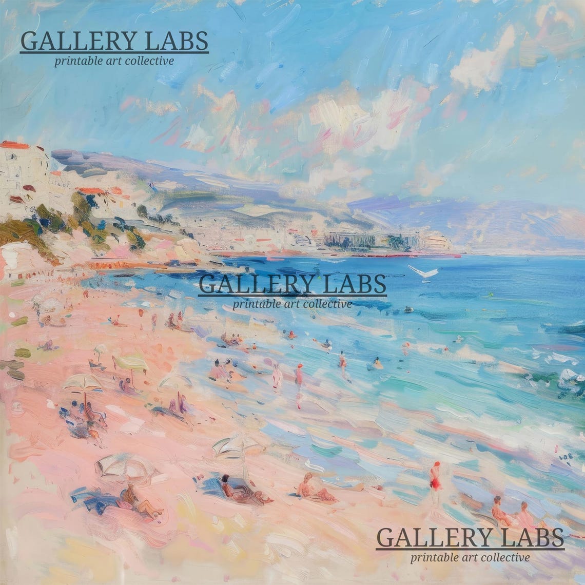 Sunny Pink Sand Beach Town Bathers Impressionist Summer Poster - Image 4