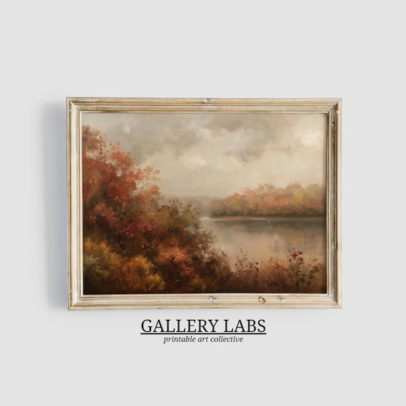 Autumn Lake With Fiery Red Foliage Shoreline Moody Fall Landscape Oil Painting Print