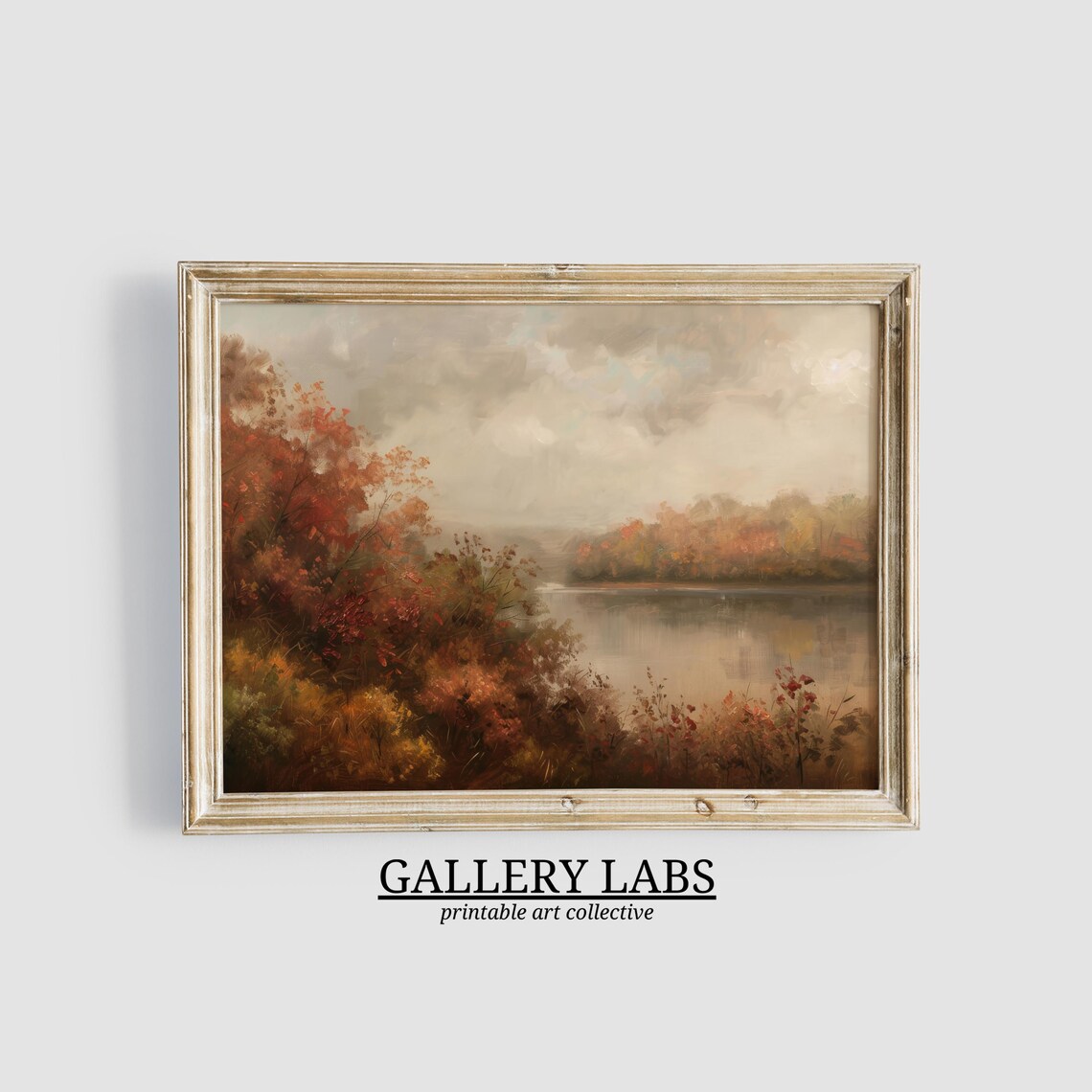 Autumn Lake With Fiery Red Foliage Shoreline Moody Fall Landscape Oil Painting Print