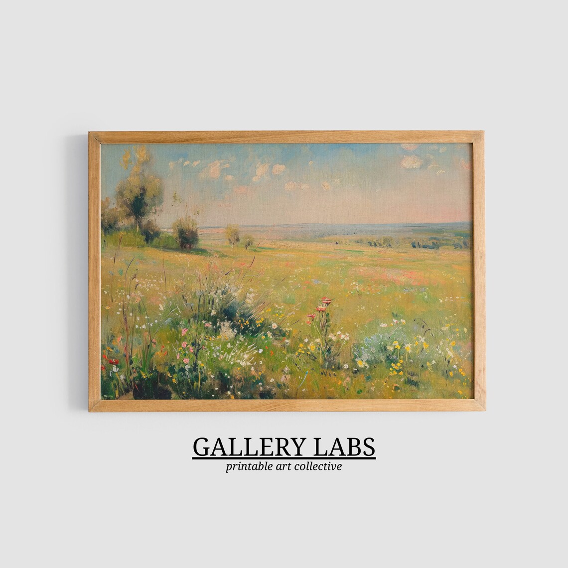 Golden Spring Meadow Wildflowers Pastel Sky Country Art Print - Image 3