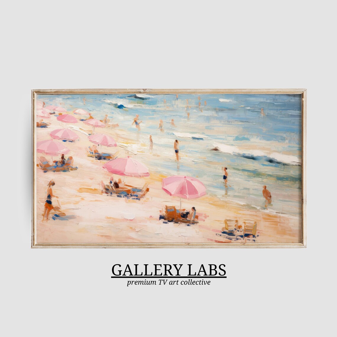 Pink Beach Umbrellas Ocean Painting Summer Coastal Surf Wall Art Poster