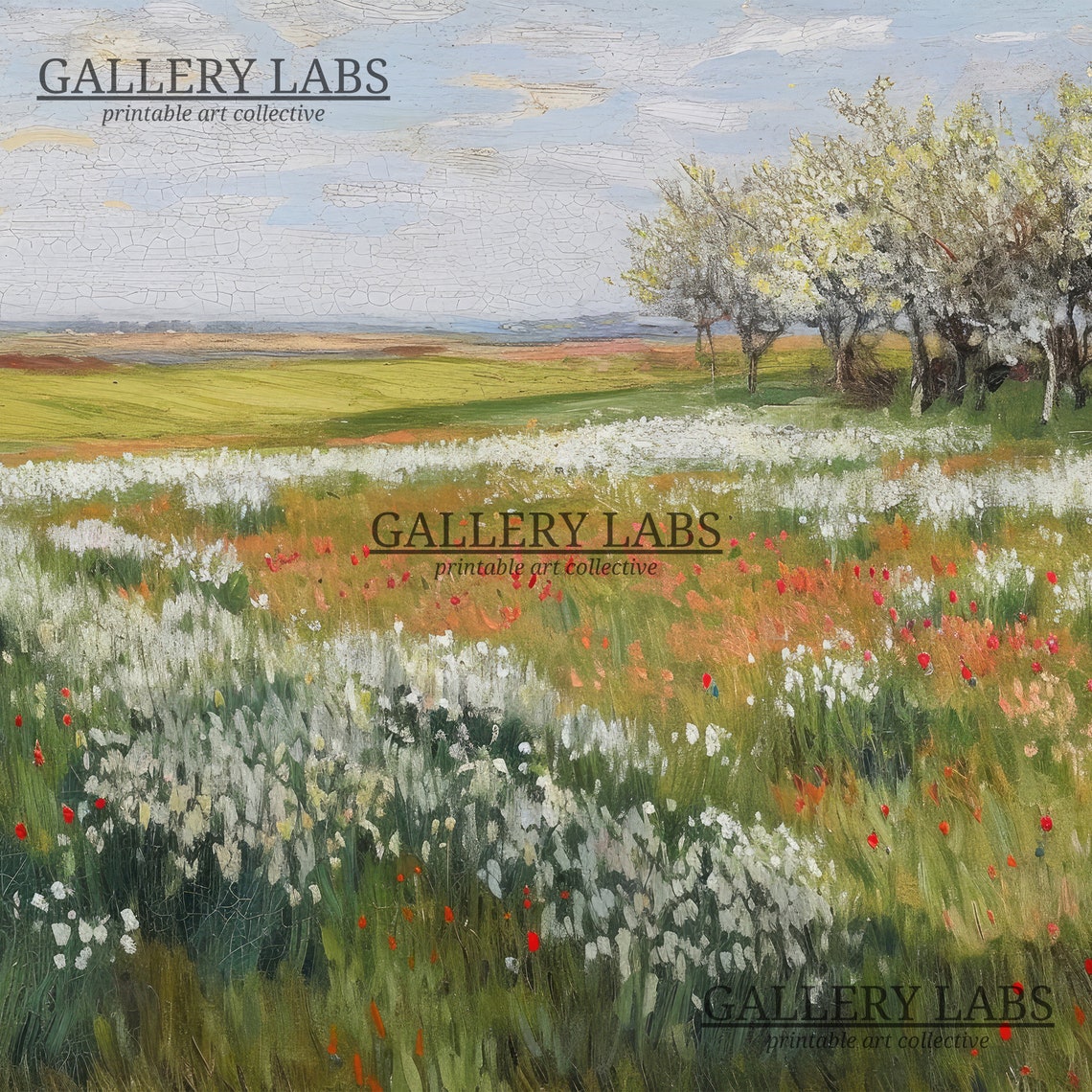 Red Poppy Meadow with Flowering Trees Spring Field Art Print - Image 4