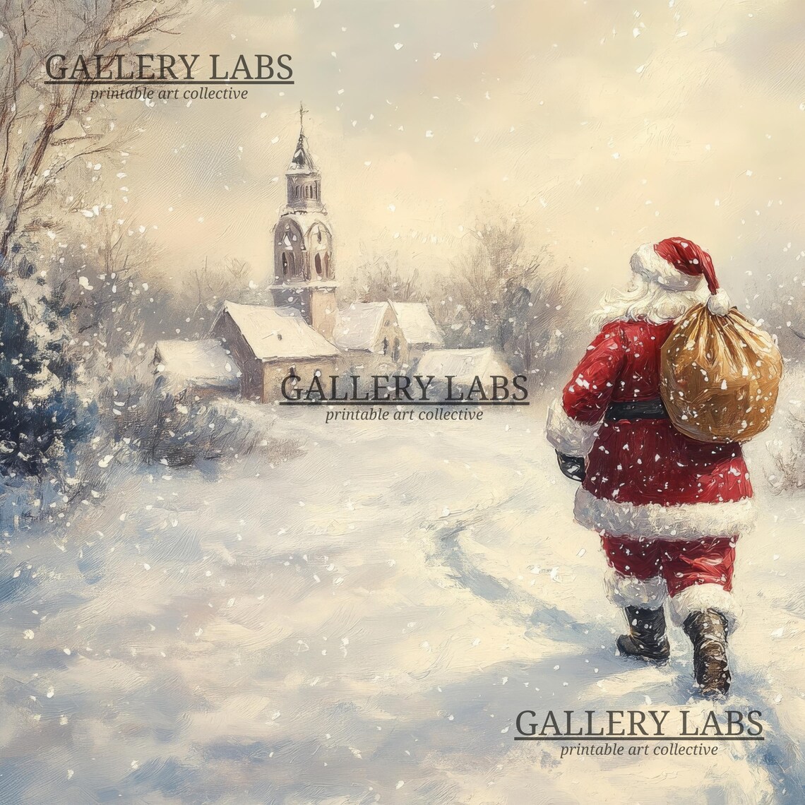 Santa Claus Snowy Woods Village Church Sack Christmas Art Poster - Image 4