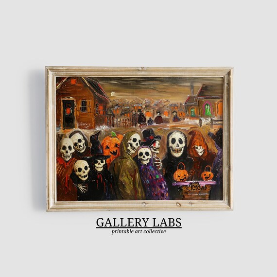Halloween Skeleton Gathering Folk Art Spooky Trick Or Treat Poster