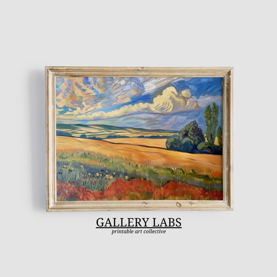 Golden Wheat Fields Red Poppies Dramatic Sky Impressionist Wall Art Print