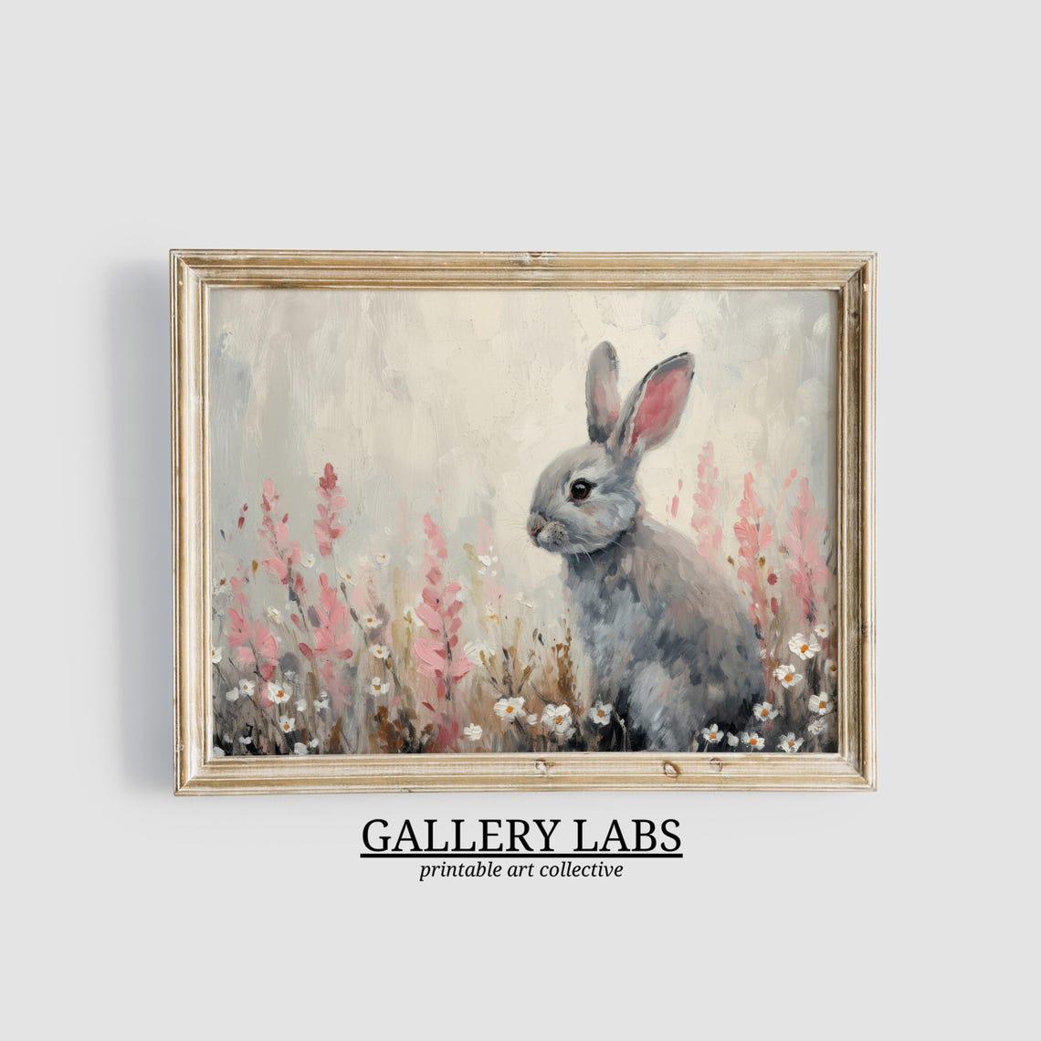 Gray Bunny in Pink Wildflowers Painting Cute Rabbit Meadow Art Print