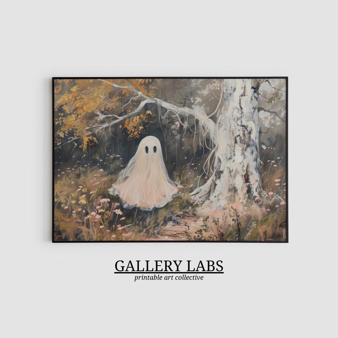 Cute Pink Ghost in Autumn Forest Wildflowers Halloween Wall Art Print - Image 2