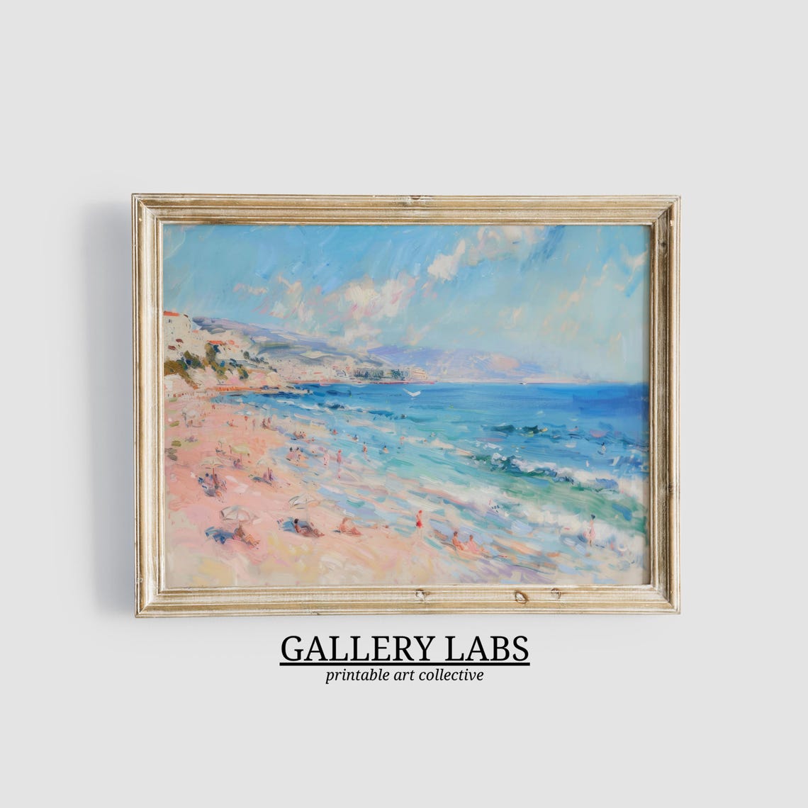 Sunny Pink Sand Beach Town Bathers Impressionist Summer Poster