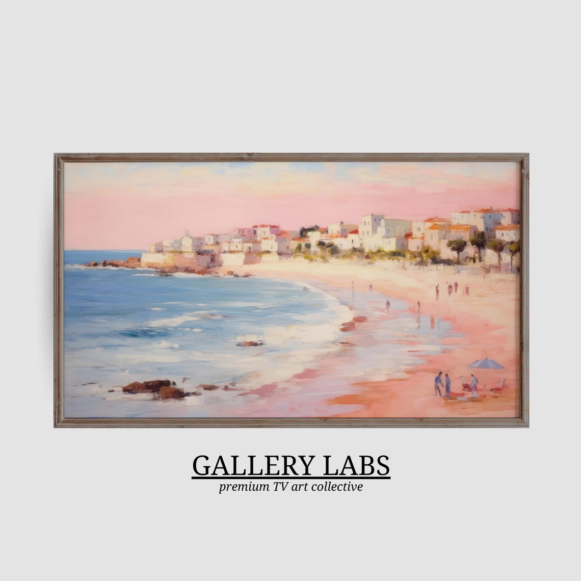Pink Sunset Beach White Seaside Town Strolling Figures Painting Poster - Image 3