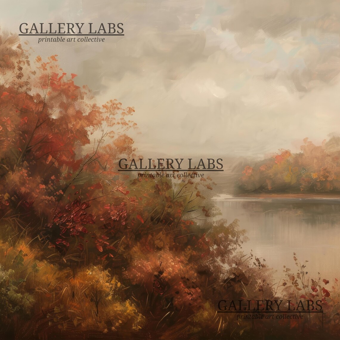 Autumn Lake With Fiery Red Foliage Shoreline Moody Fall Landscape Oil Painting Print - Image 4