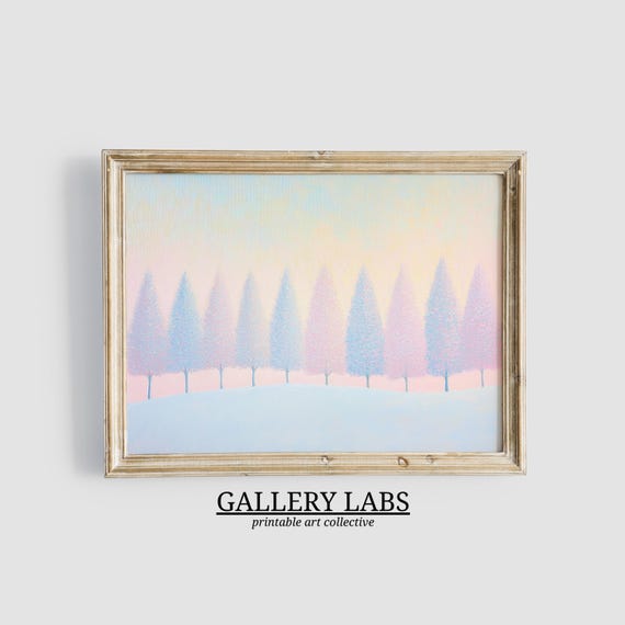 Pink Snowy Forest Print Winter Decor Girly Christmas Cute Holiday Painting Festive Home Decor