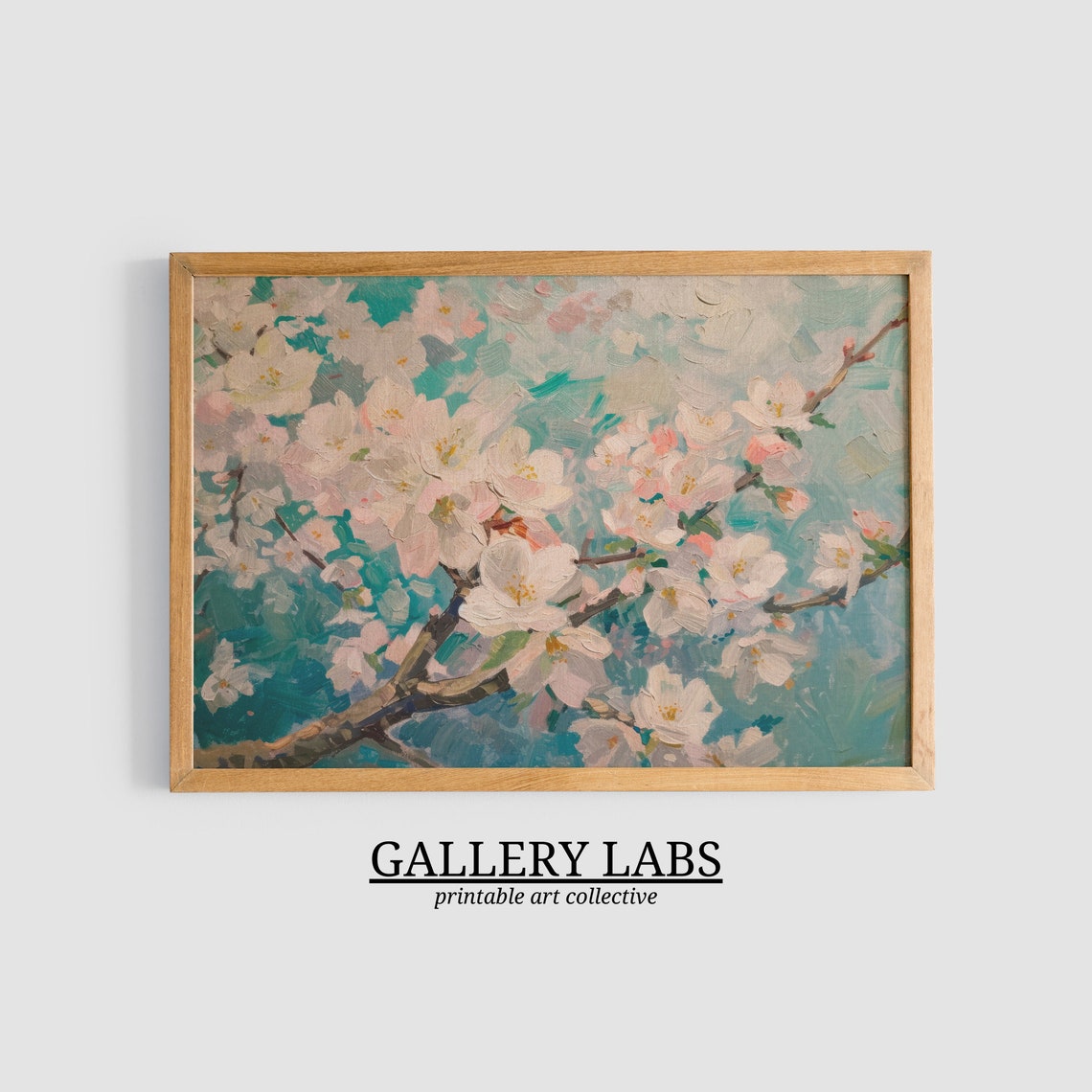 Cherry Blossom Branch Painting Pink White Blooms Teal Art Print - Image 3