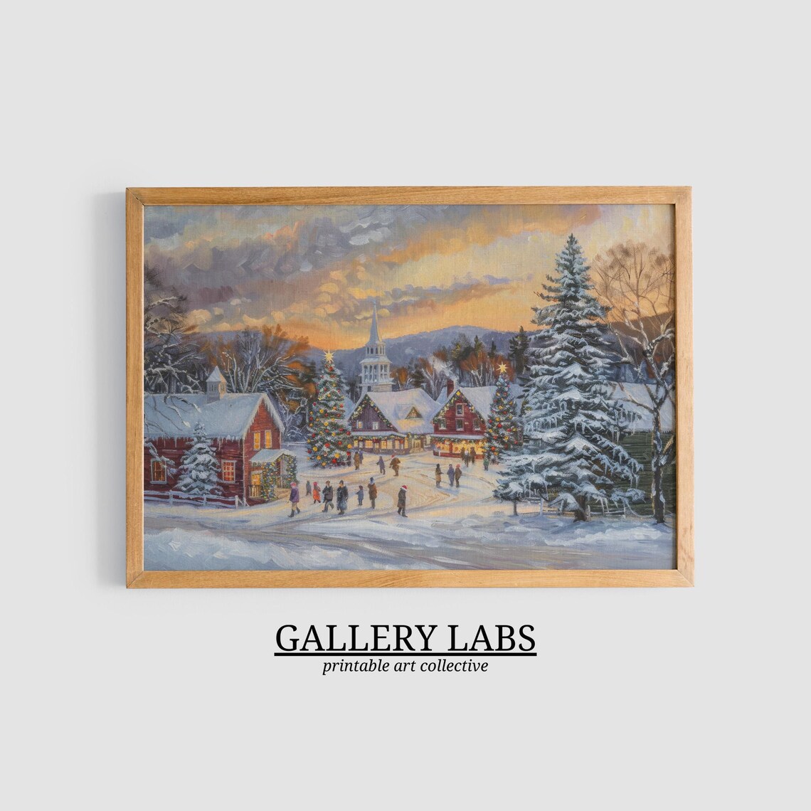 Snowy Christmas Village Church Steeple Lit Tree Sunset Painting Poster - Image 3