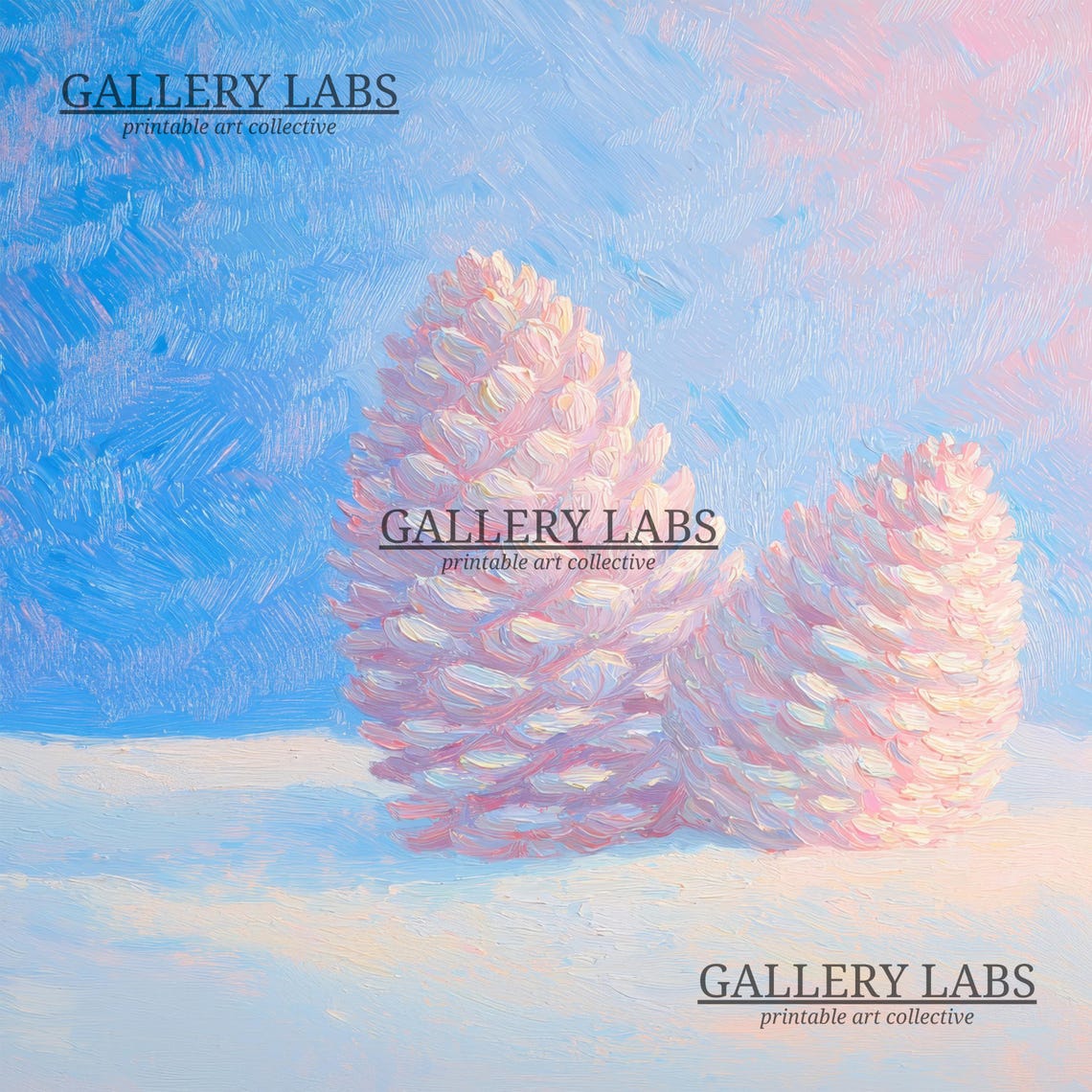 Pink Pinecones Snow Still Life Pastel Winter Painting Wall Art Poster - Image 4