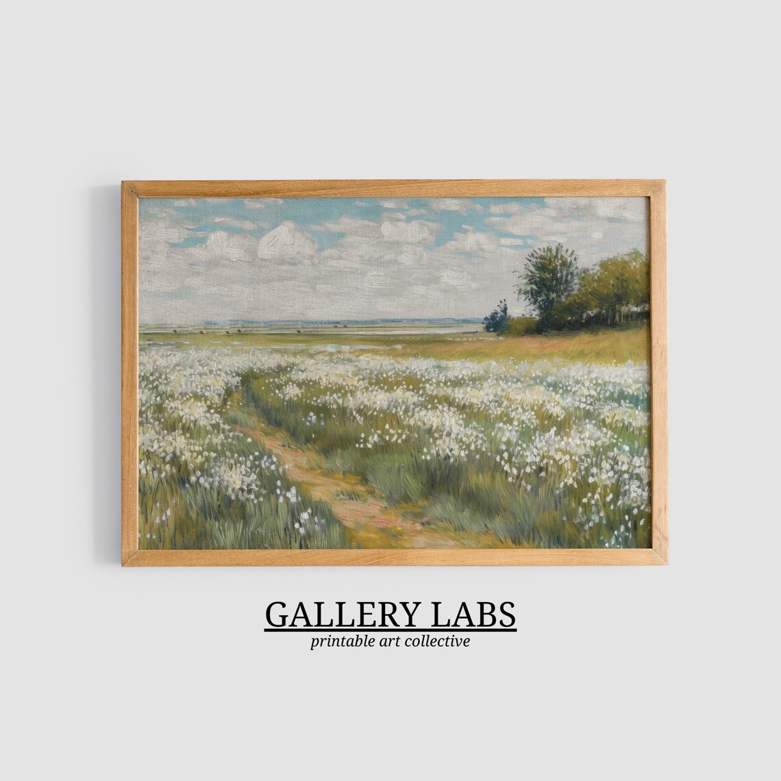 White Wildflower Meadow Winding Path Vintage Landscape Art Print - Image 3