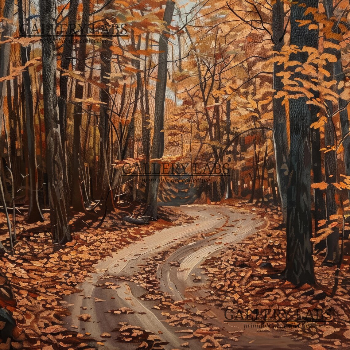 Autumn Forest Path Carpeted in Golden Fallen Leaves Warm Rustic Oil Painting Poster - Image 4