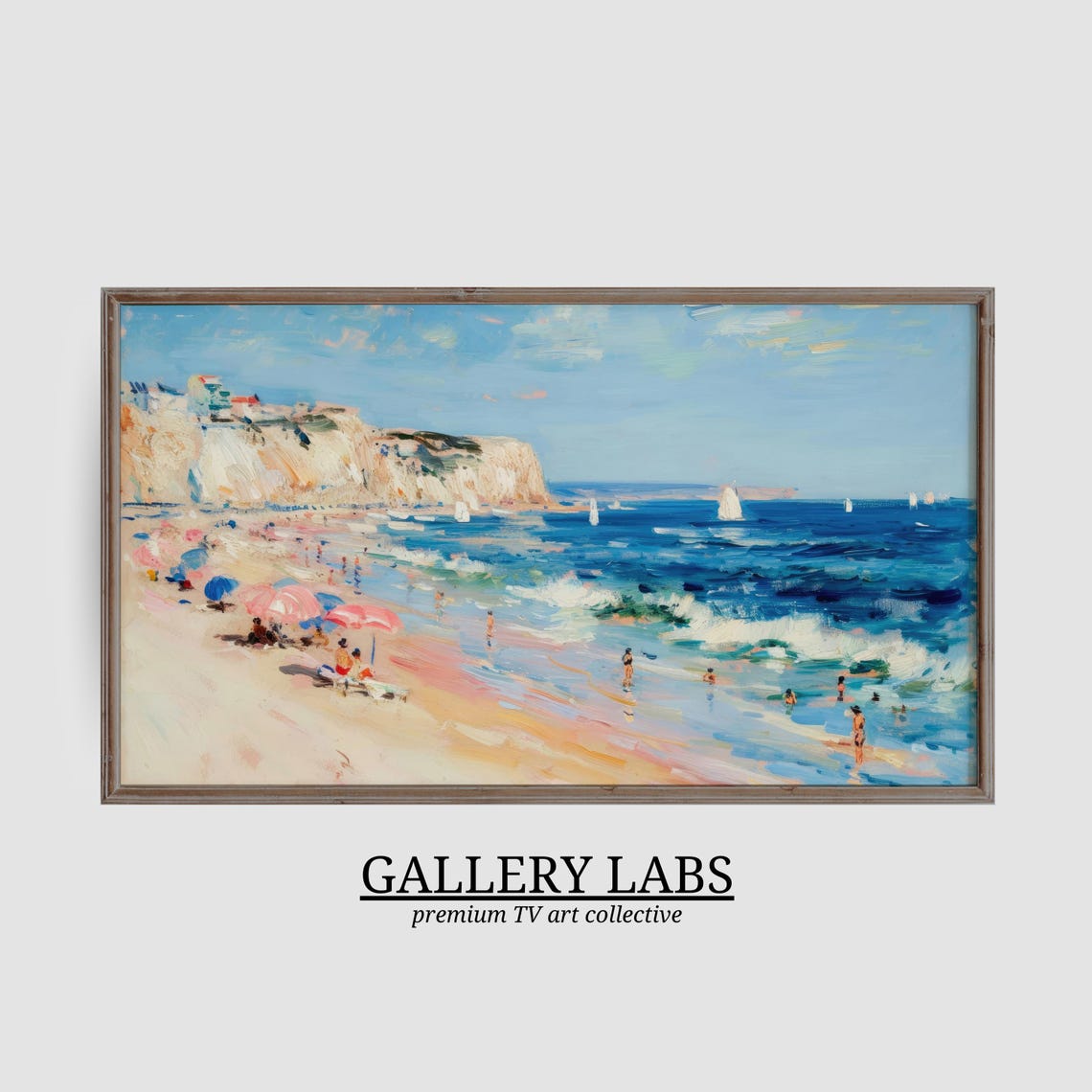 Cliffside Beach White Cliffs Sailboats Swimmers Summer Painting Poster - Image 3