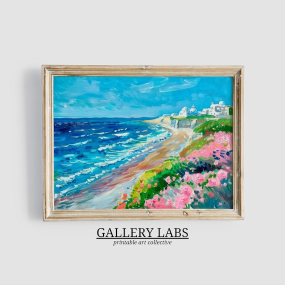 Sunny Coastal Beach with Pink Flowers White Village Seascape Wall Art Print
