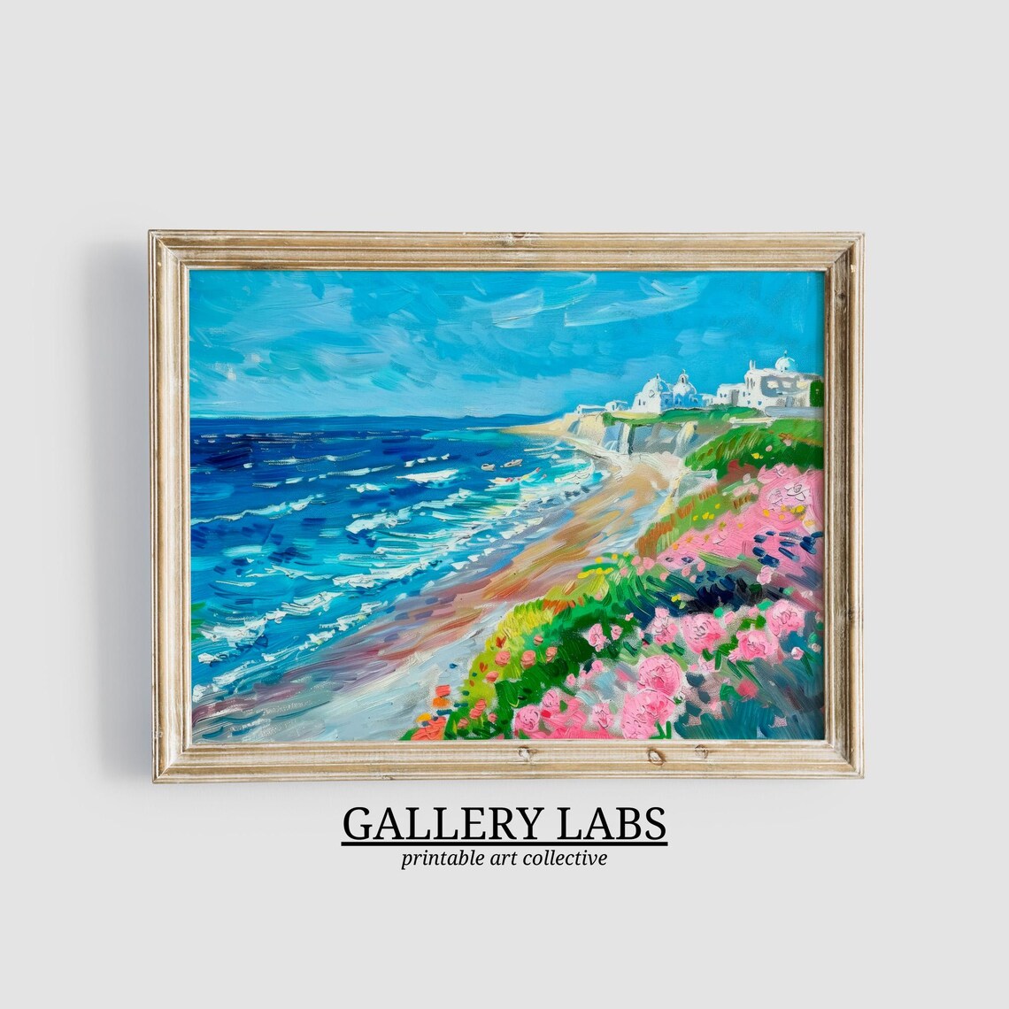 Sunny Coastal Beach with Pink Flowers White Village Seascape Wall Art Print