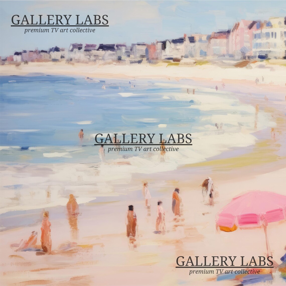 Pink Umbrella Beach Painting European Seaside Town Summer Coastal Wall Art - Image 4