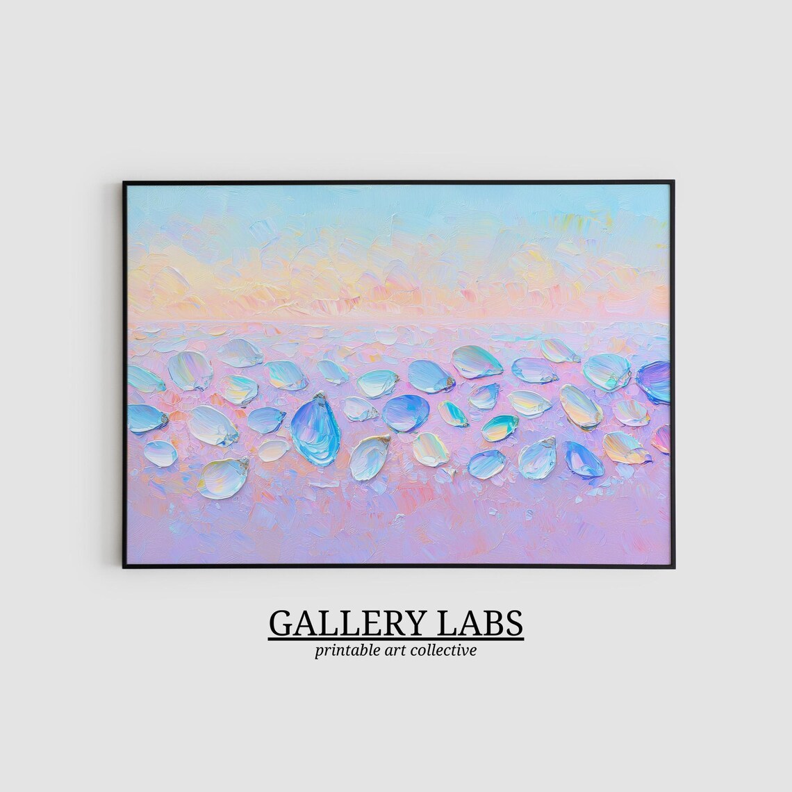 Abstract Pastel Beach With Iridescent Shells on Pink Lavender Sand Coastal Painting - Image 2