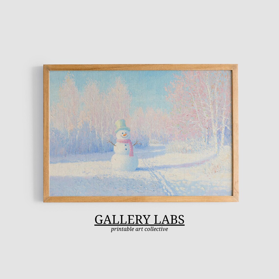 Cute Snowman Pastel Winter Forest Scene Christmas Wall Art Print - Image 3