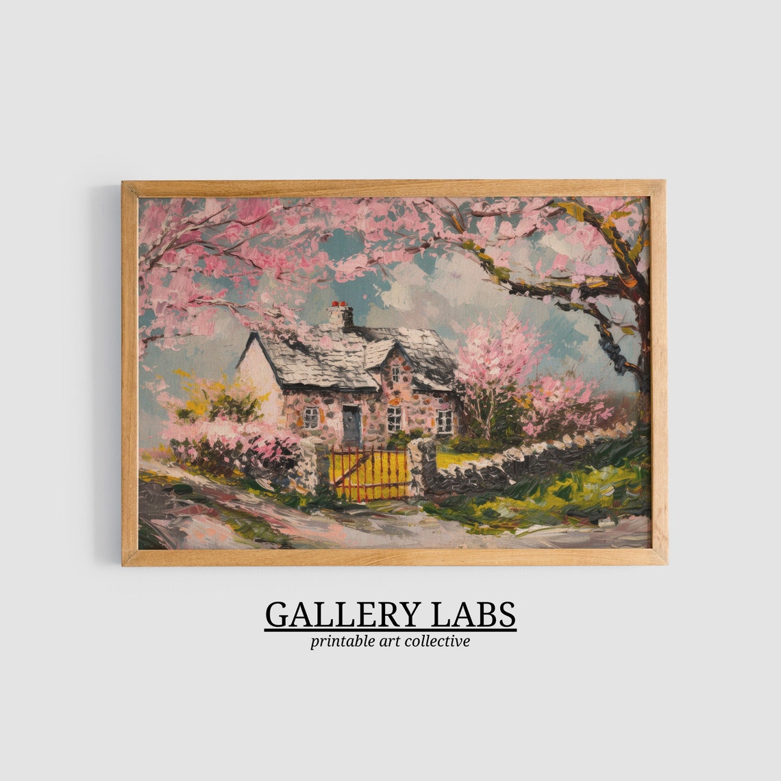 Pink Blossom Cottage Painting Stone House Spring Garden Art Print - Image 3