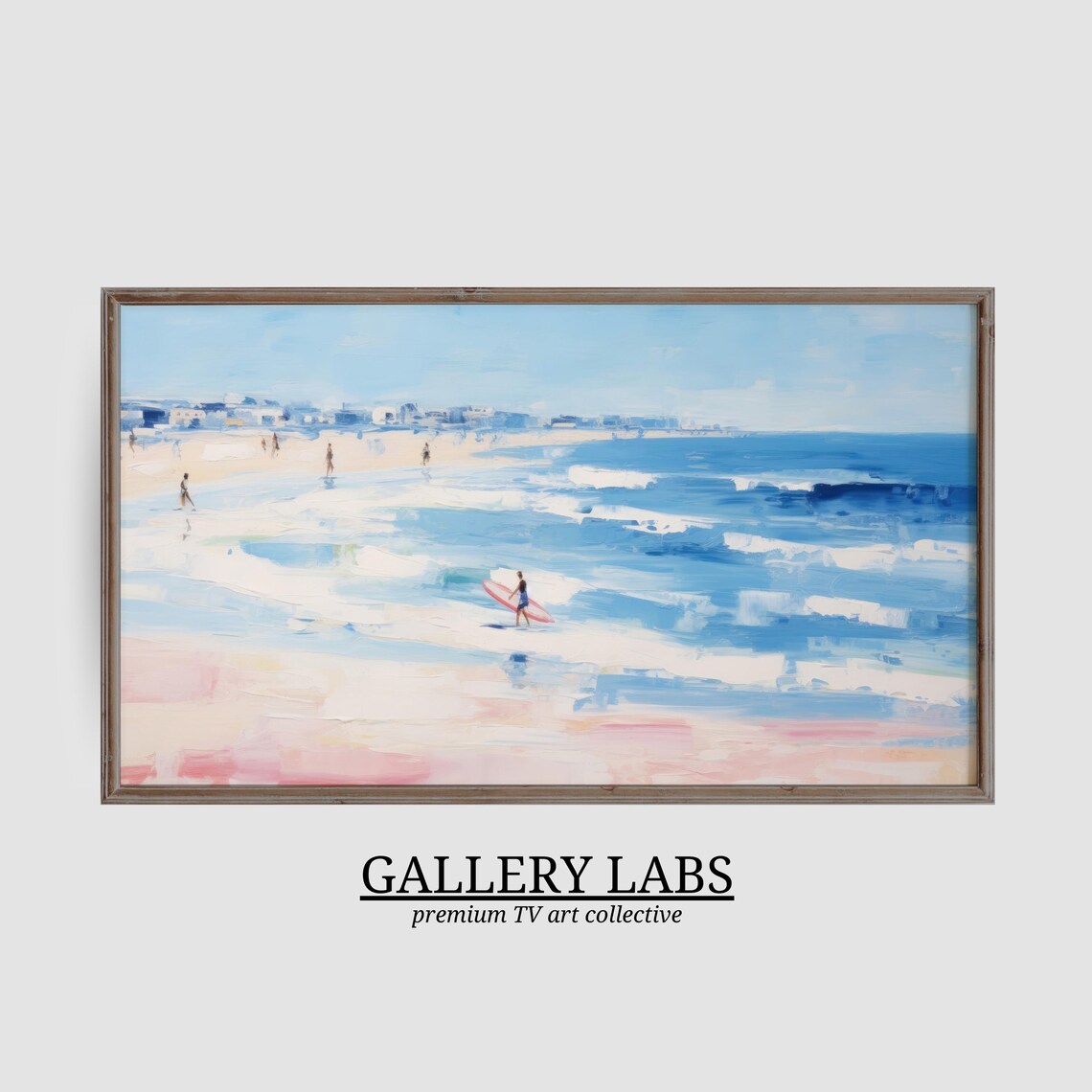 Pink Surfboard Beach Painting Surfer Coastal Town Summer Wall Art Poster - Image 3