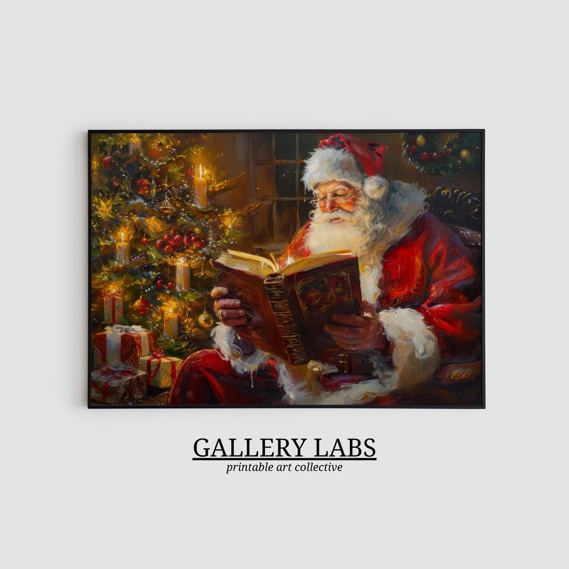 Santa Claus Reading by Christmas Tree Candlelight Vintage Art Poster - Image 2