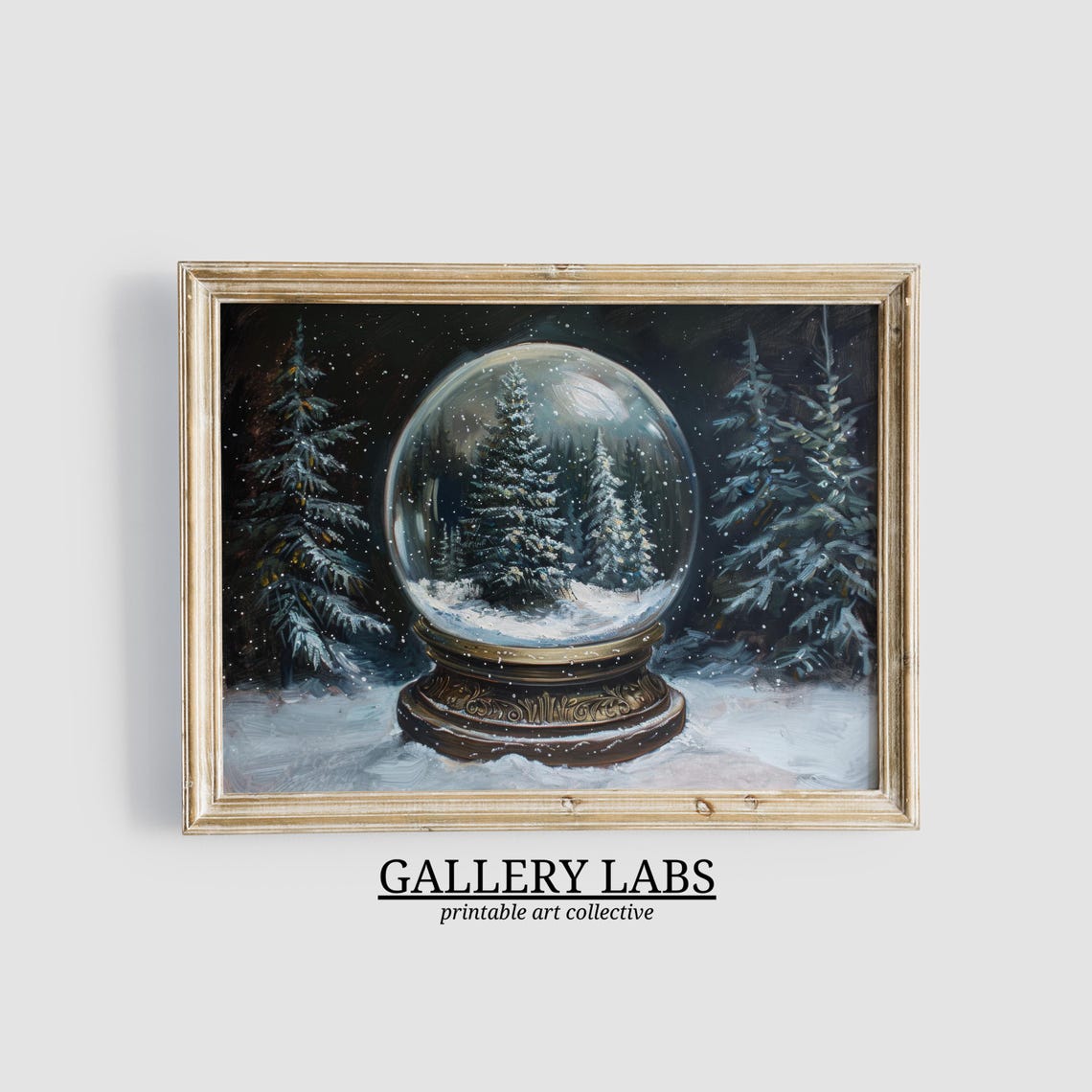 Snow Globe Pine Forest Vintage Brass Base Snowy Winter Painting Poster