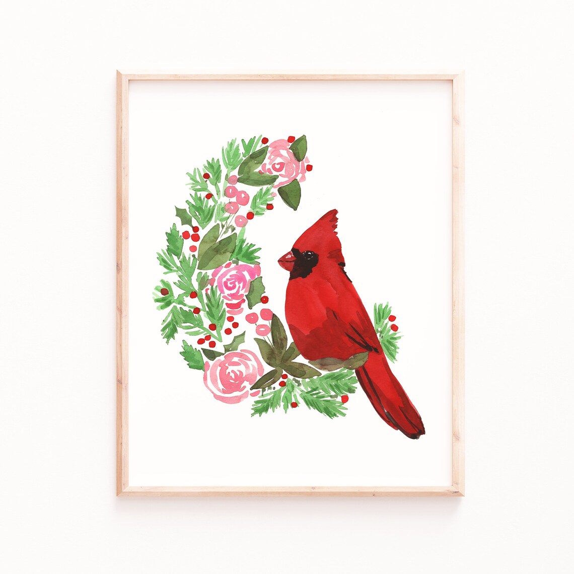 Christmas Cardinal Art Print, Holiday Watercolor Illustration