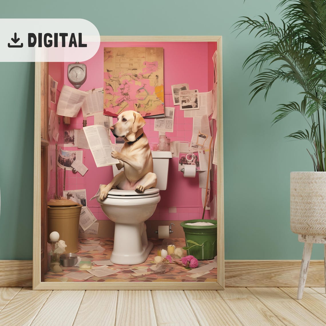 Yellow Labrador Reading Newspaper in Pink Bathroom Funny Poster - Image 2