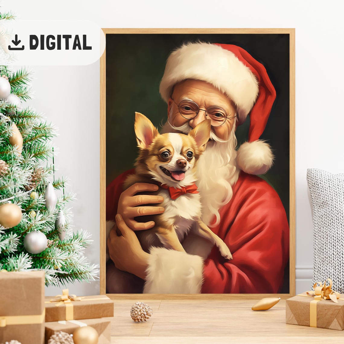 Santa Claus Holding Chihuahua With Red Bow Tie Christmas Poster - Image 2