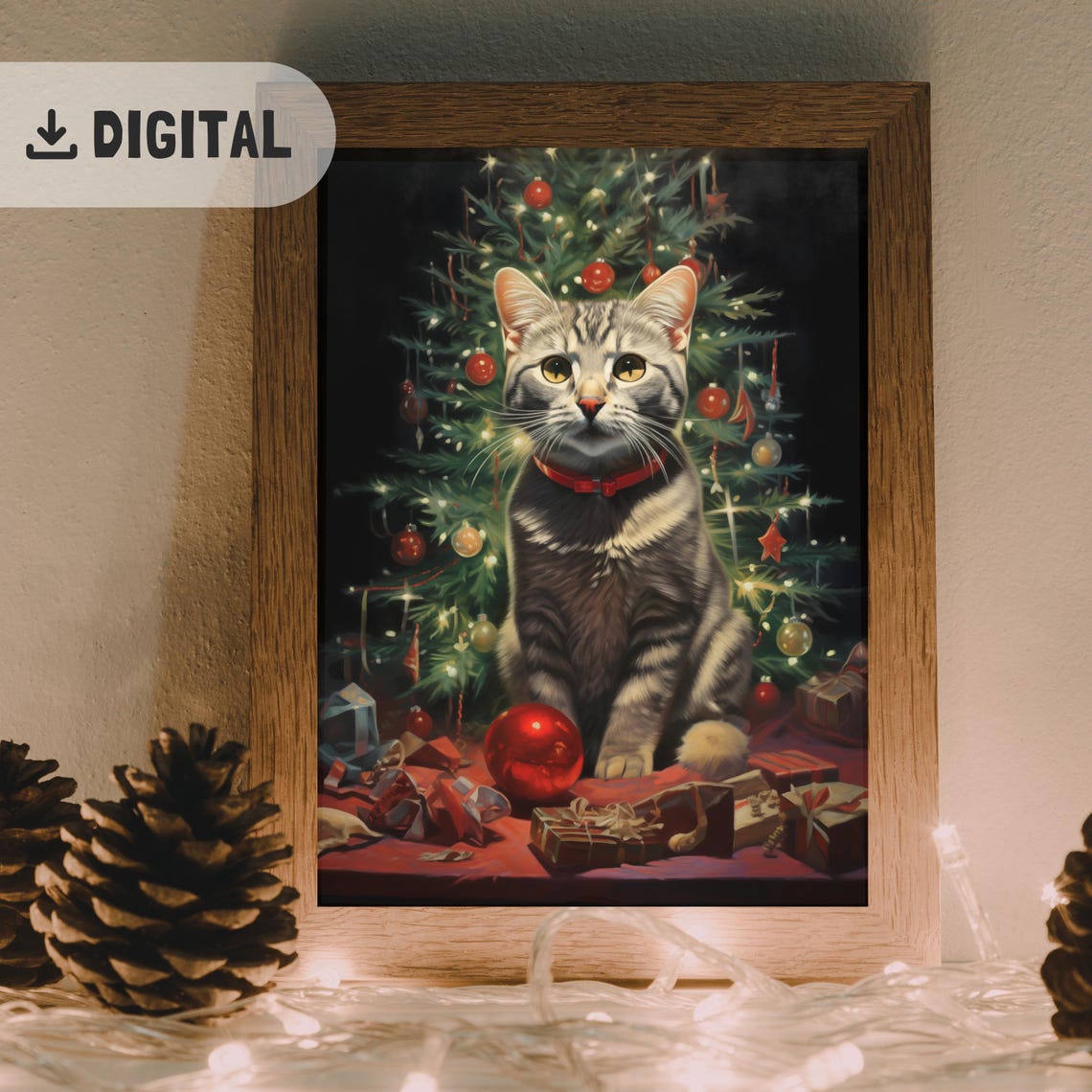 Tabby Kitten Red Collar Christmas Tree Gifts Cozy Poster Gift