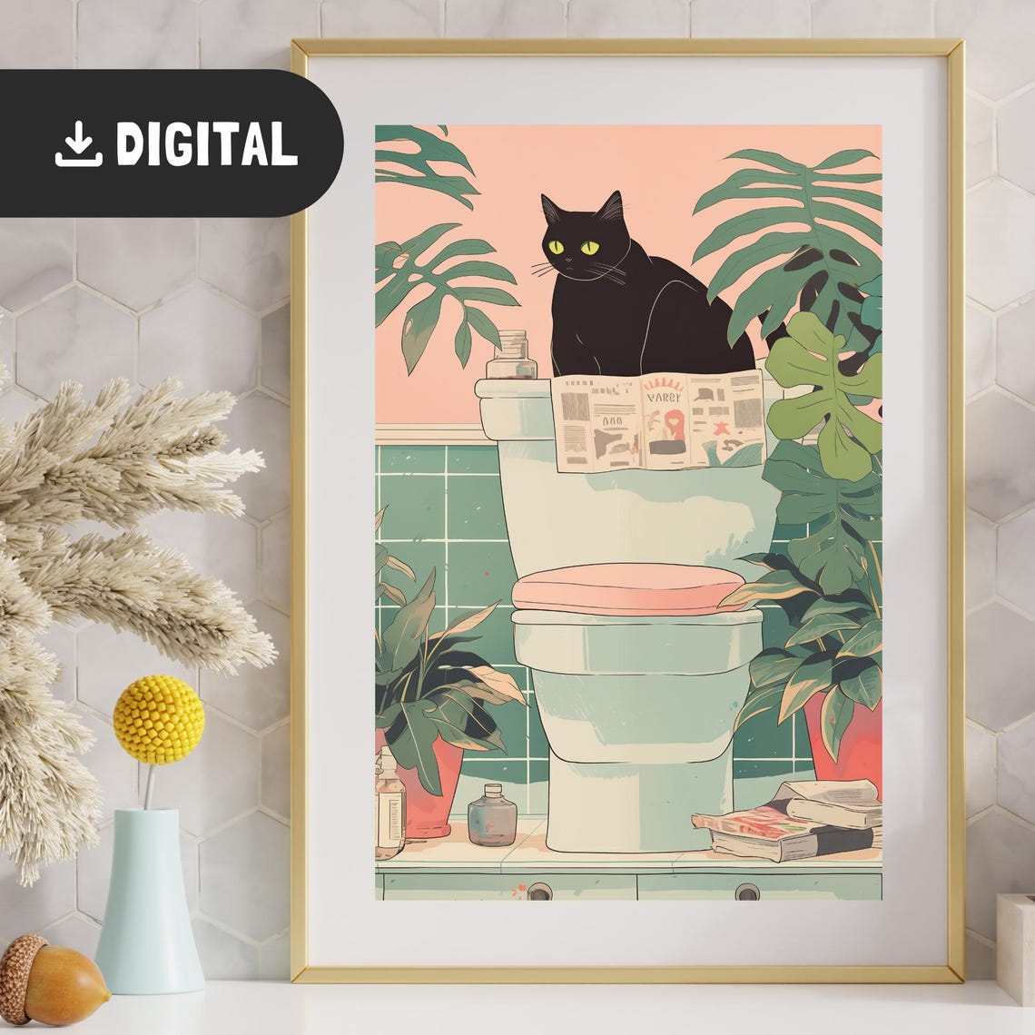 Black Cat Reading Newspaper On Toilet Tropical Pink Bathroom Poster - Image 2