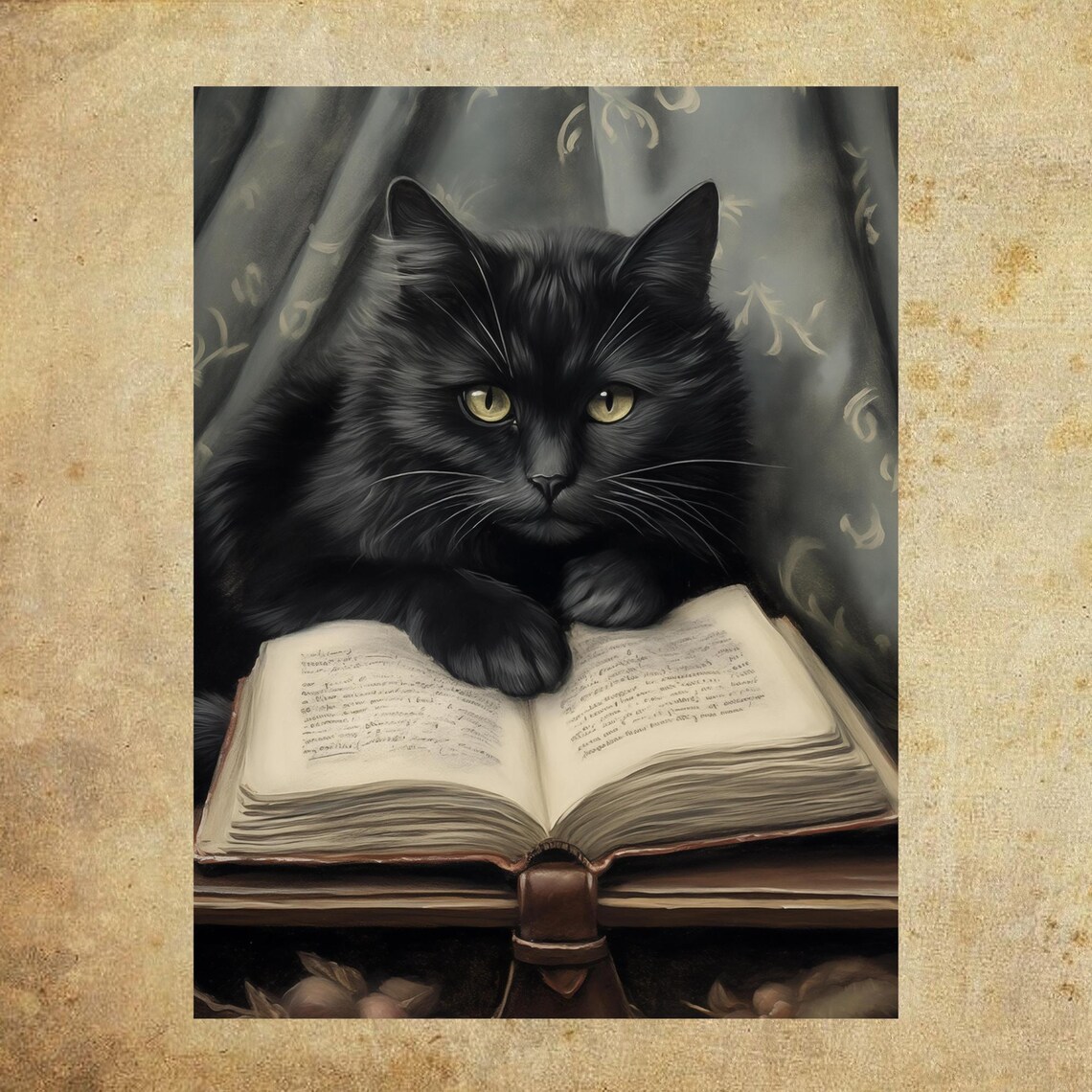 Black Cat Lying on Open Book Dark Vintage Library Goth Cat Lover Wall Art - Image 2