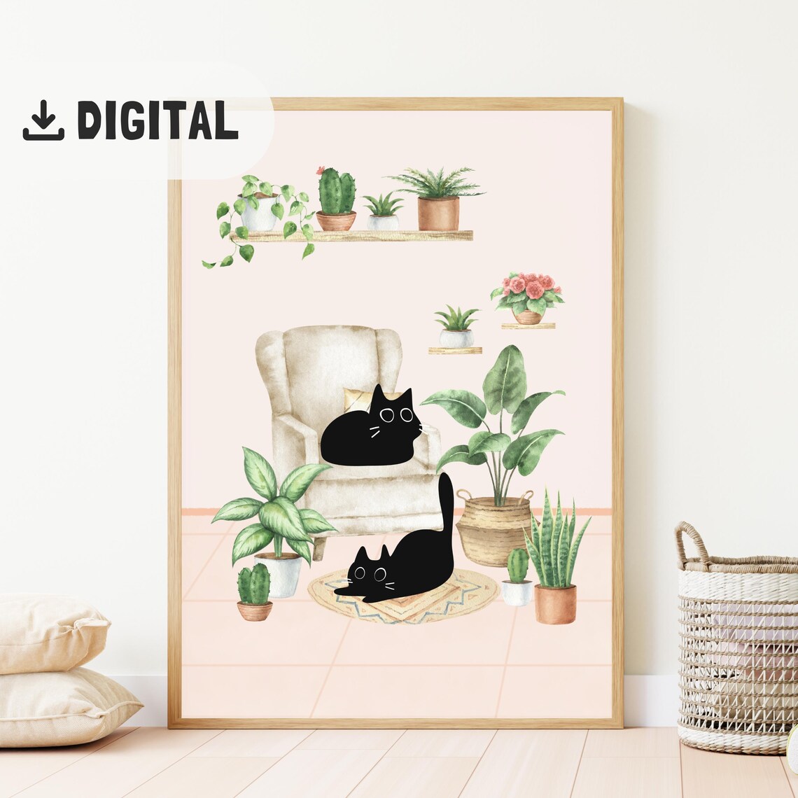 Two Black Cats Lounging Among Houseplants in Living Room Poster - Image 2