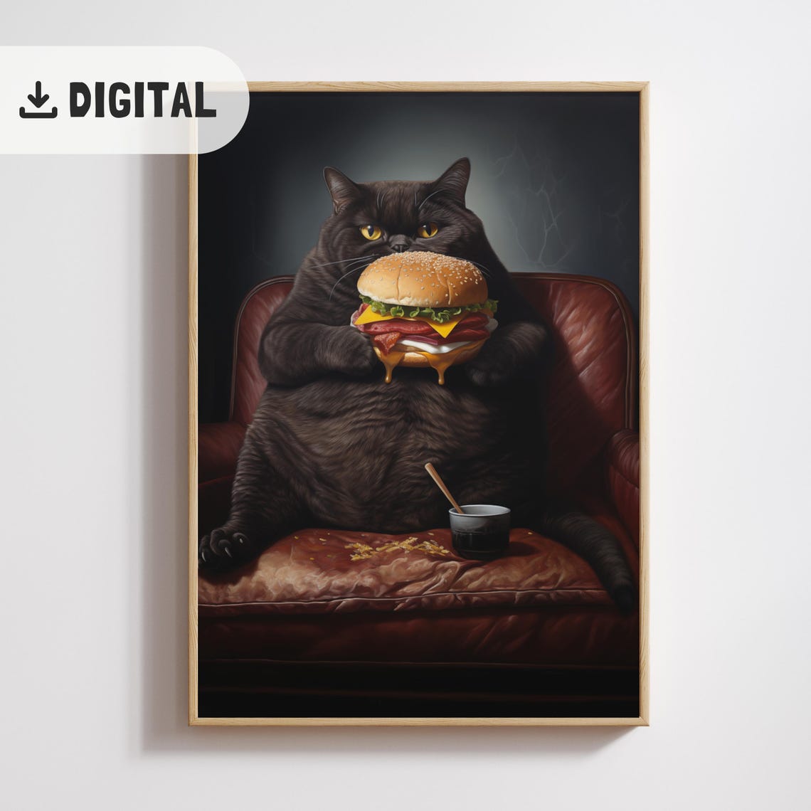 Fat Black Cat Eating Cheeseburger in Leather Chair Funny Poster - Image 2