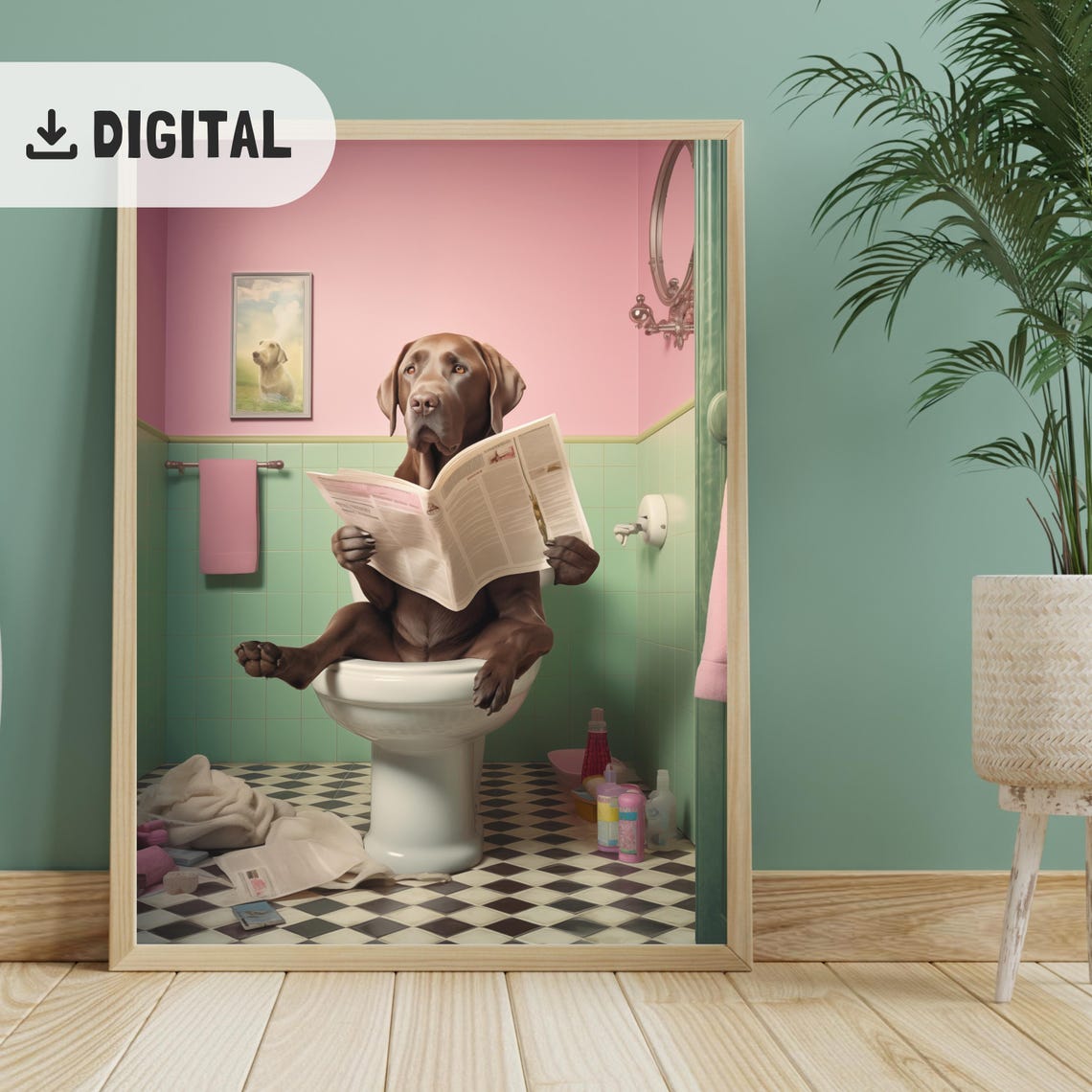 Chocolate Labrador Reading Newspaper on Toilet Retro Bathroom Poster - Image 2