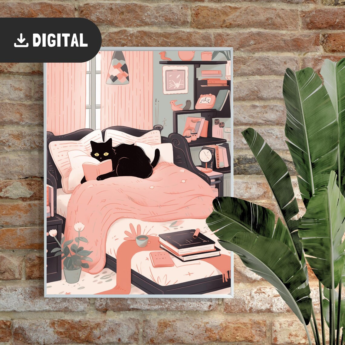 Black Cat Reading in Bed Cozy Bedroom Book Lover Illustration Wall Art - Image 2