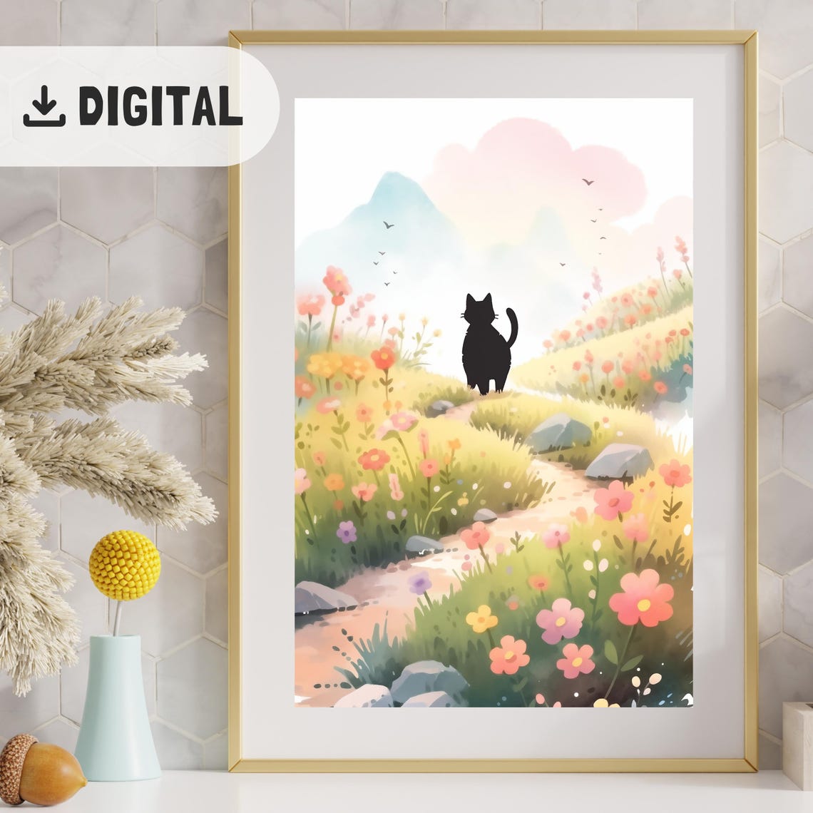 Black Cat on Wildflower Path with Mountain Watercolor Scene Poster