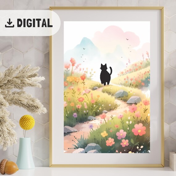 Black Cat on Wildflower Path with Mountain Watercolor Scene Poster
